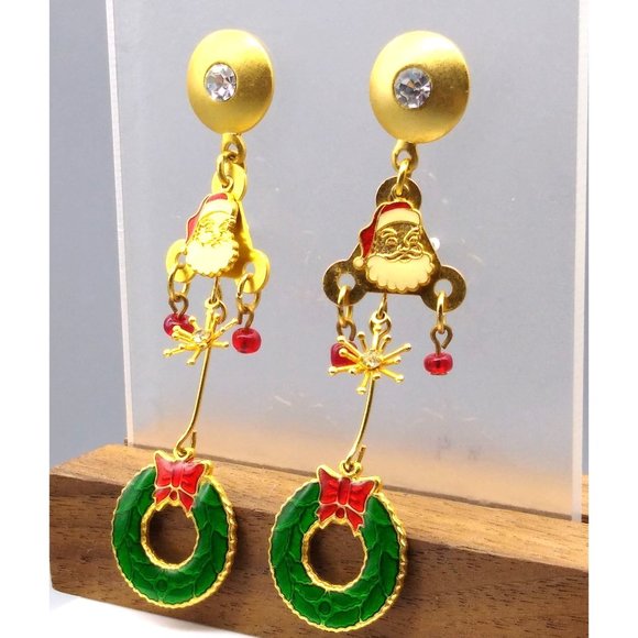 Fun Christams Shoulder Duster Earrings, Gold Tone Crystals Drop to Whimsical - Picture 2 of 3